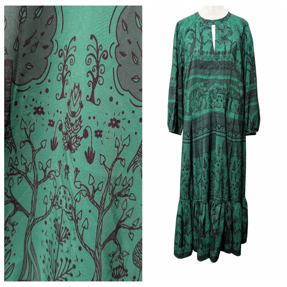 E-Shakti Womens Plus Size 3X/26W Green Whimsical Forest Trees Ruffle Hem Dress
